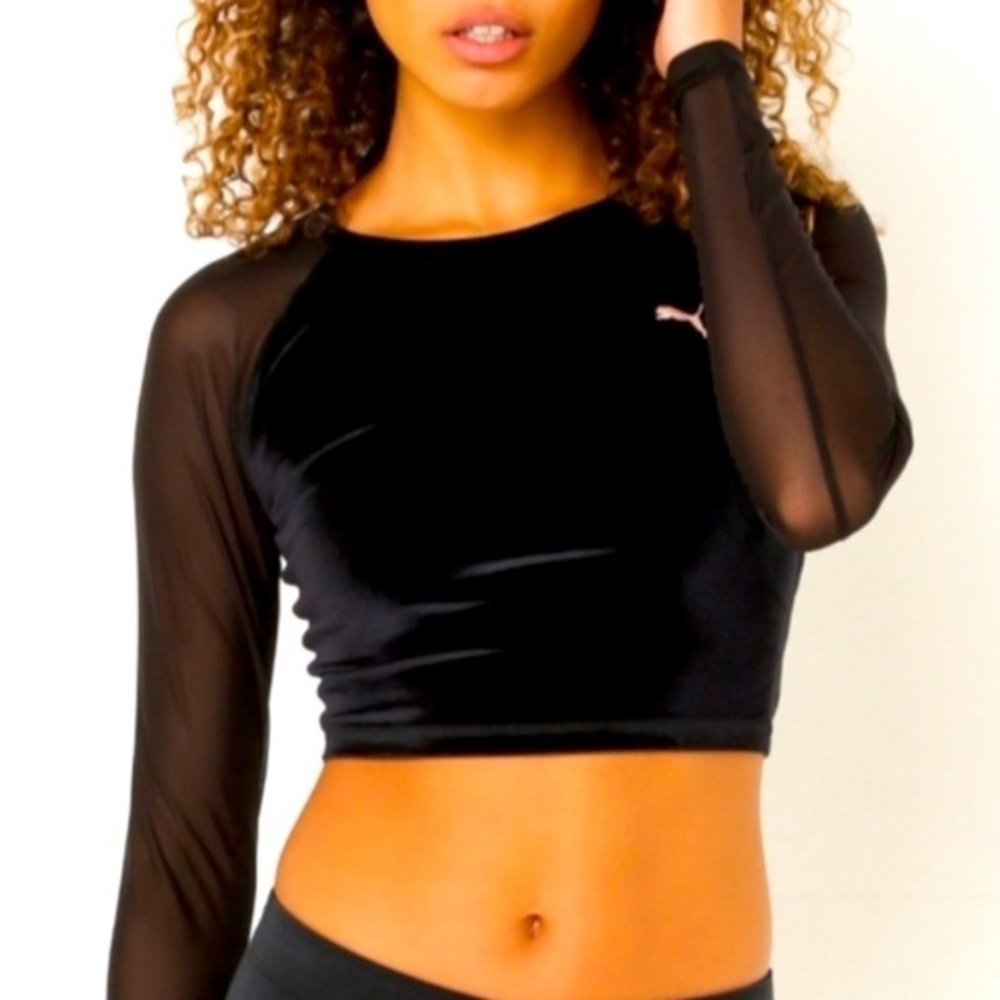 PUMA Black Velvet Long Sleeve Crop Top - Picture 2 of 7